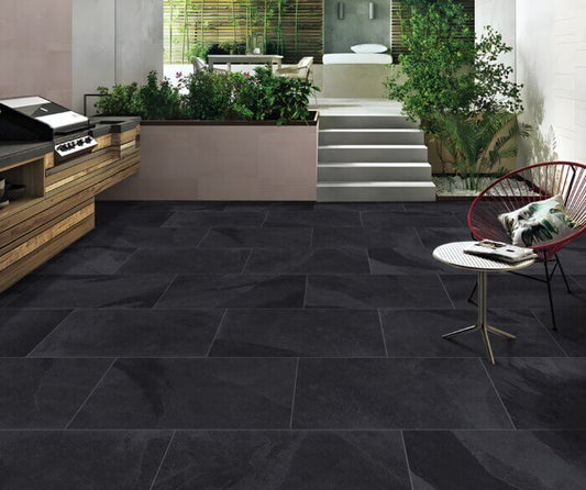 Porcelain Paving in Amazon Black – sleek, low-maintenance slabs ideal for patios and paths.