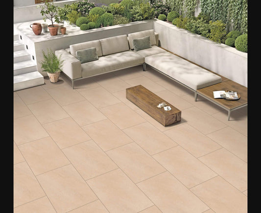Ivory Beige Paving Slabs – soft, neutral porcelain tiles for bright and elegant garden spaces.