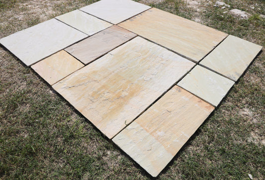 Mint Fossil Flagstone Paving –  indian Sandstone beige-toned slabs with fossil-like patterns for elegant gardens