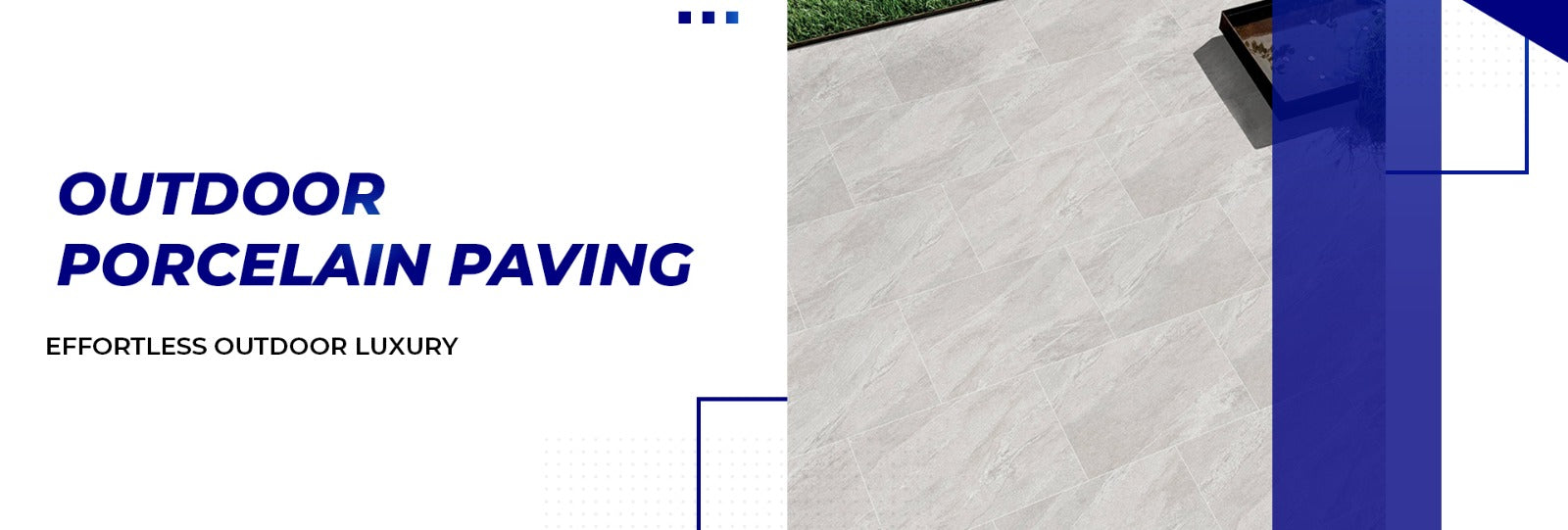 Light grey porcelain paving slabs for a modern garden patio