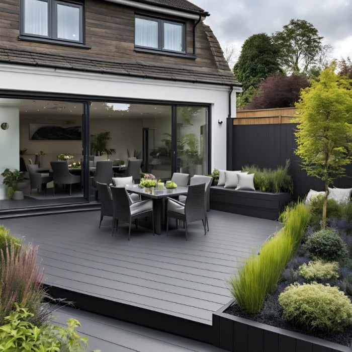 Low-maintenance artificial lumber decking in a contemporary garden