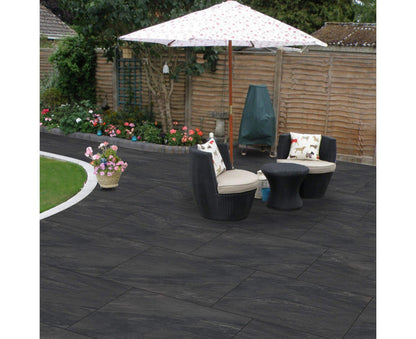 Porcelain Paving in Midnight Grey – sleek and modern finish for patios, paths, and terraces.
